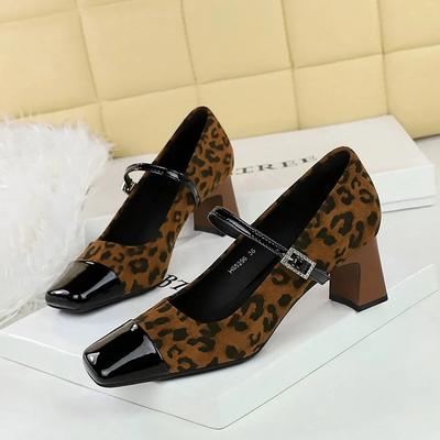 Designer Fashion Buckle Strap Mary Janes Women Square Heel Shoes Dress Footwear Leopard Print Female Soft Round Toe Ladies Shoes