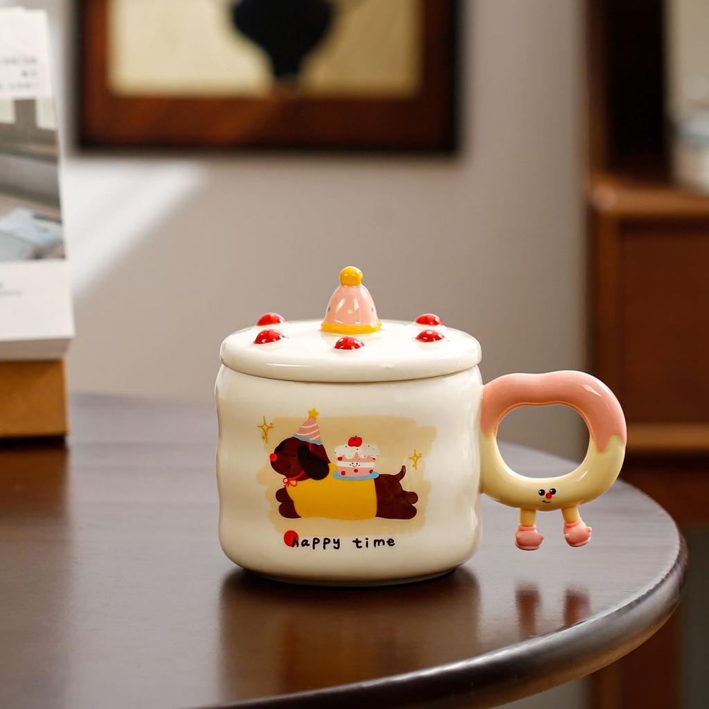 Birthday Gift Cartoon Home Girl Cute High-looking Ceramic Mug with Lid Water Cup Cat Puppy Water Cup