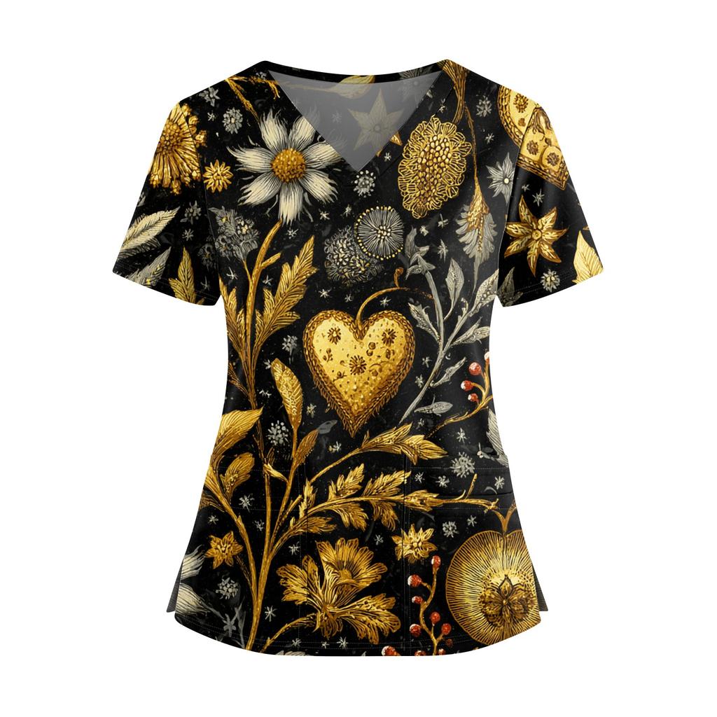 Dámská módní košile s květinovým potiskem, výstřihem do V, dvojitou kapsou, krátkým rukávem, rozparkem na lemu a ochranným pracovním topem