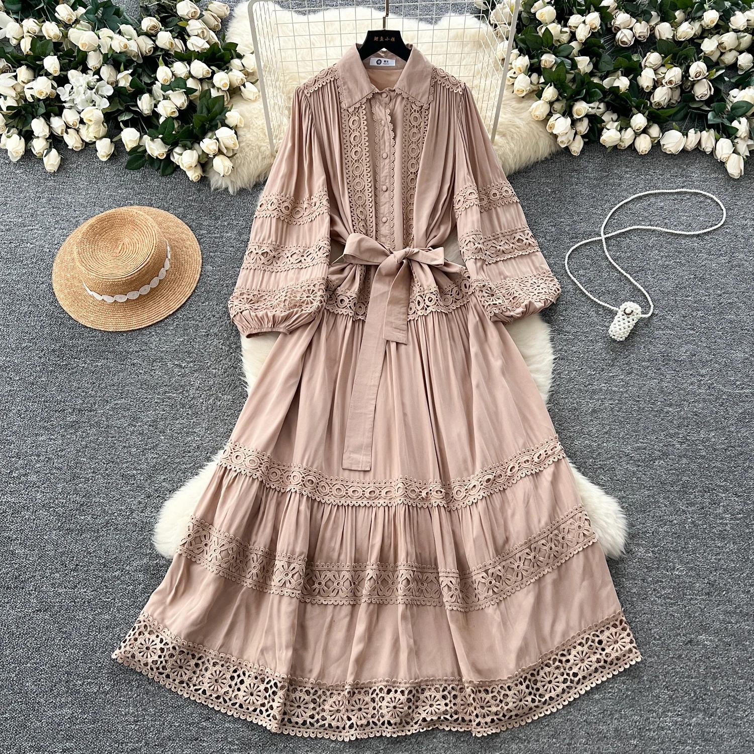 

Винтажный элегантный пуловер с длинными рукавами-фонариками, шикарные платья с кружевной вставкой и бандажной отделкой, французская вечерняя уличная осенняя одежда One Size хаки