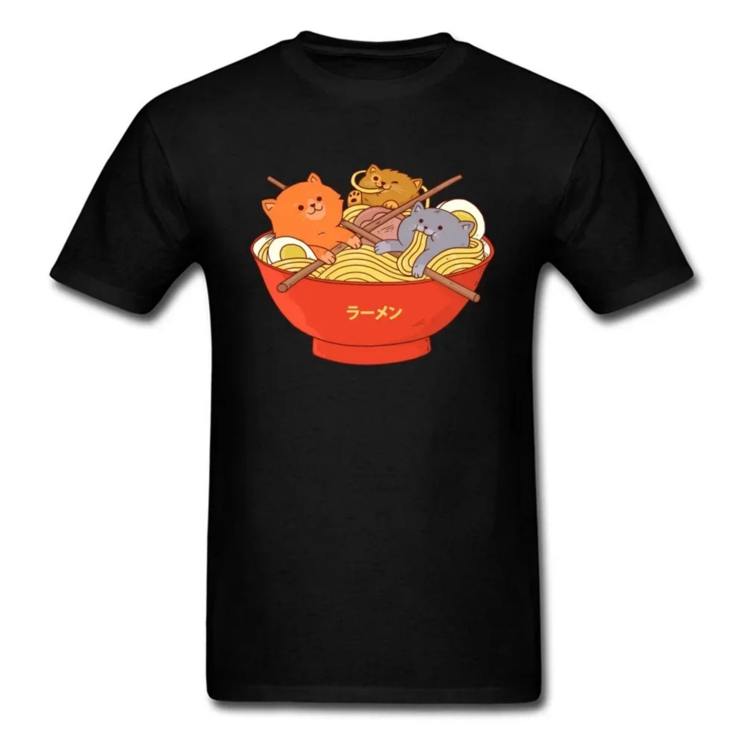 

Funny Ramen Noodles and Cats Custom Cat Lovers Day T-Shirt 100% Cotton O-Neck Summer Short Sleeve Casual Mens T-shirt Size S-3XL XXXXXL чорний