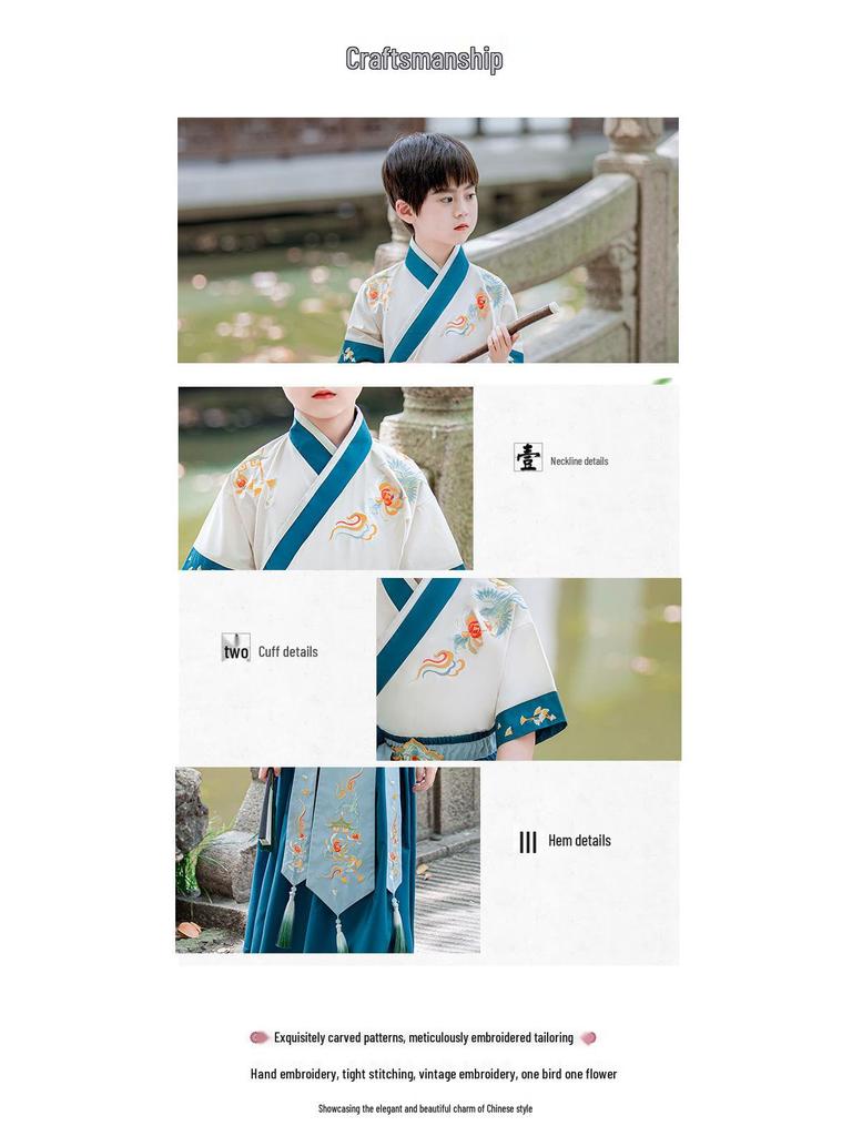 Lato 2024 Dziecięce Hanfu: Zestaw w stylu starożytnym - Garnitur Tang dla chłopców z krótkim rękawem - Strój młodego mistrza do studiów chińskich