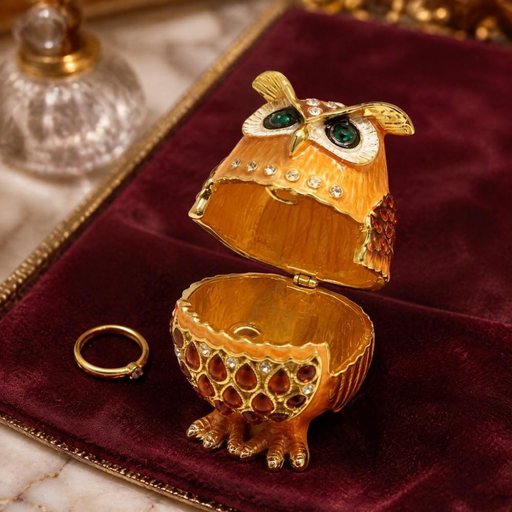 Zinc Alloy Owl Trinket Box Enameled Finish Owl Keepsake Box Classic Ring Holder Box For Rings