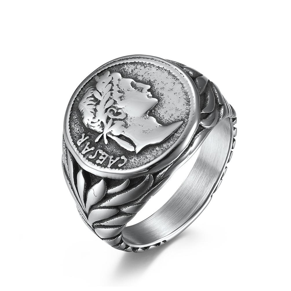 European and American Style Roman Empire Julius Caesar Stainless Steel Ring Ring, Retro Coin Caesar Head Hipster Jewelry