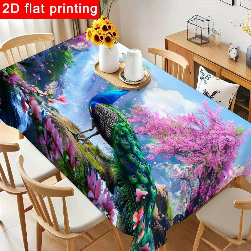 1pc Vibrant PeaRooster Tablecloth - Stunning Blue and Green Cover with Cherry Blossom Design, Reusable & Easy to Clean for Birthday Party, Holiday Gat