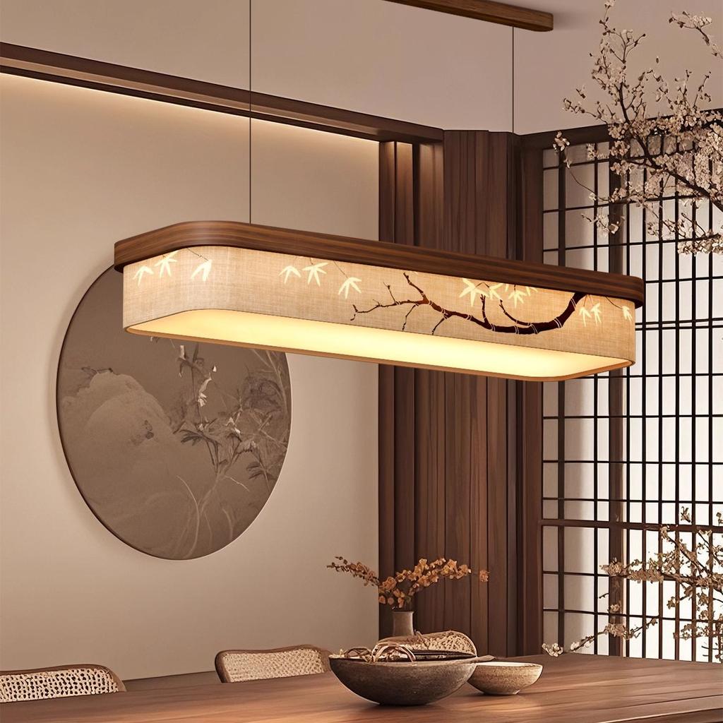 Rectangular Dining Room Pendant Lamp, Solid Wood Fabric, Ink-wash Painting, Bamboo Branch, Tea Room, Bar, Table Lamp