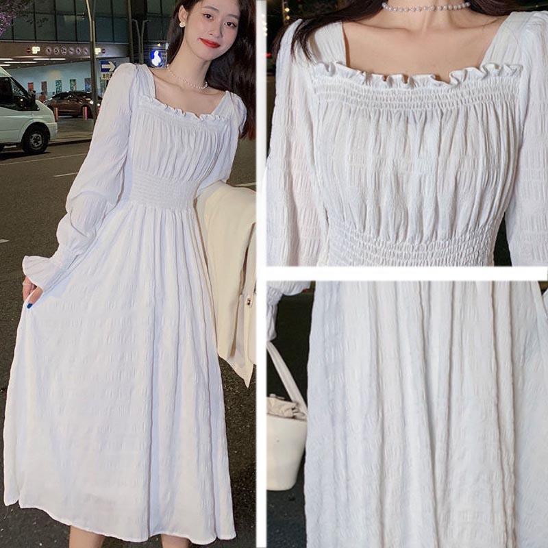 Square Neck White Long Dress Flare Sleeve Waist Wrapped Black Slim A Line Women Versatile Gentle Style Dresses