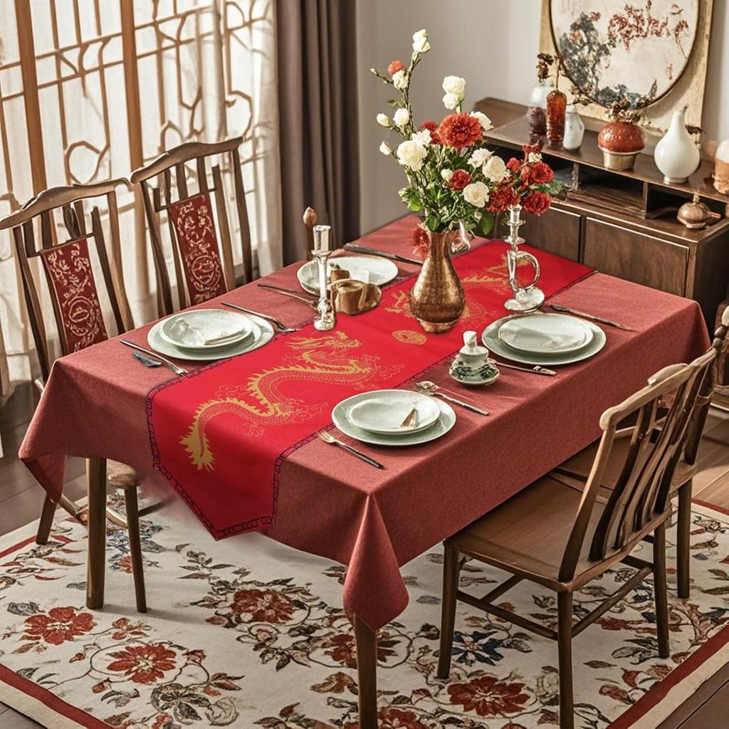 2 Pcs Chinese Dragon Printed Table Runner 13x72Inch China New Year Decorations Red Table Cover for Spring Festival Kitchen Dining Tables Decoration