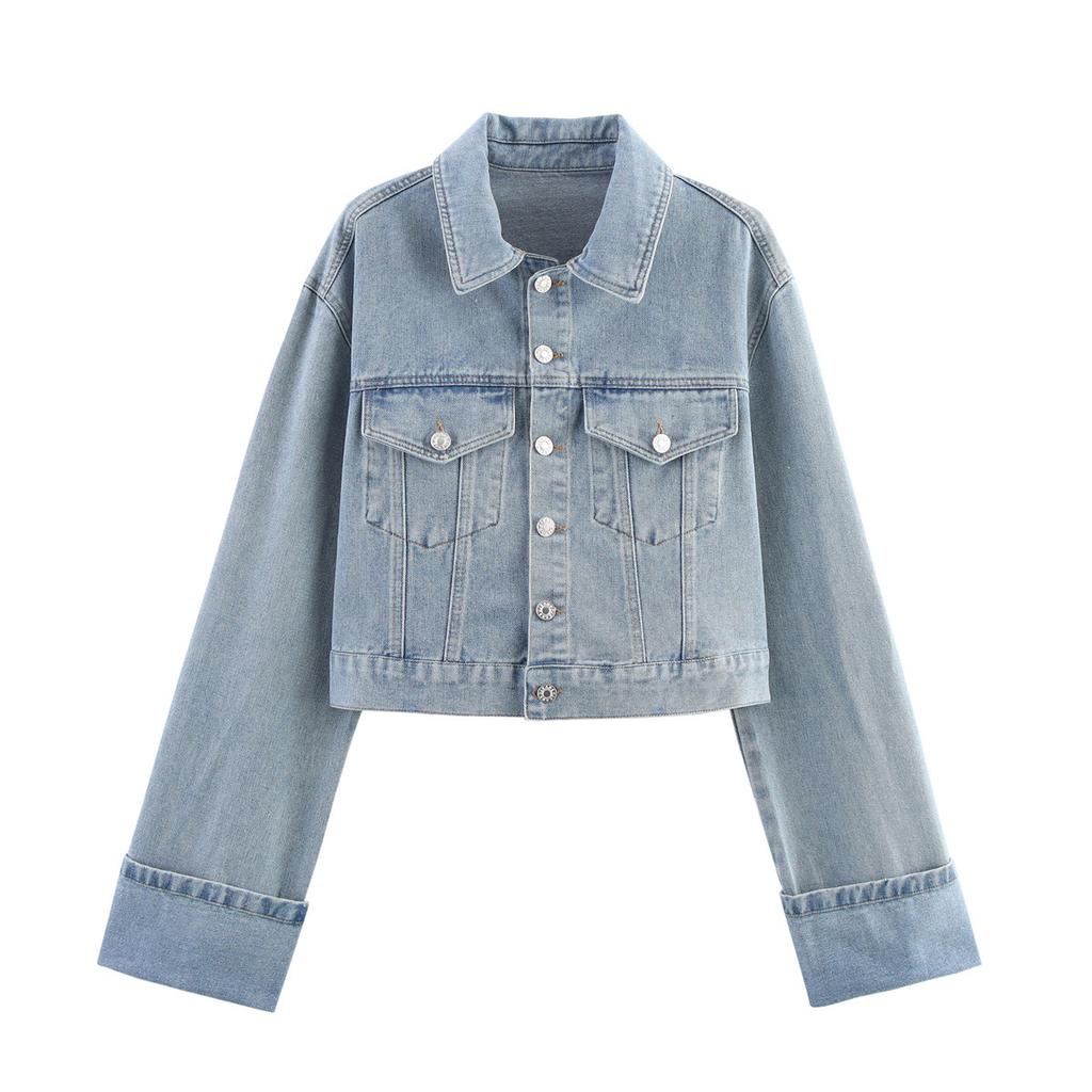 European and American Spring and Autumn New Women's Rolled Edge Sleeve Denim Jacket Jacket