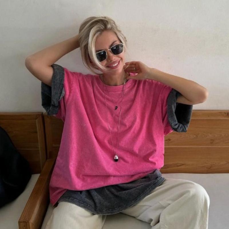 Washed and Worn Short Sleeved T-shirts for Summer Relaxation Round Neck Washed and Brushed Women’s T-shirts