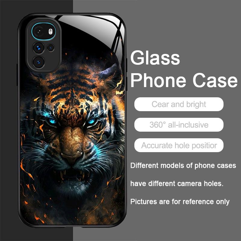 Golden Black Tiger Stripe Flame Print Tempered Glass Phone Case for Motorola Moto G85 G84 G75 Edge 50 Fusion 40 Neo 30 Pro Cover