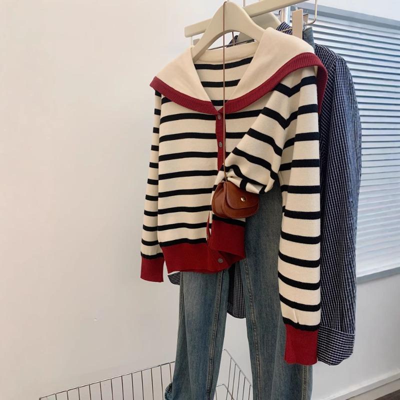 Navy Lapel Striped Contrast Knitted Cardigan Sweater Sweater Jacket Lazy Style Premium Thickened Top