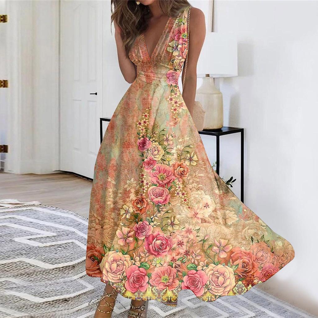 Robe longue pour femmes, robe Maxi décontractée, été, décontractée, sans manches, col en V, style Boho, taille rétractée, robe imprimée