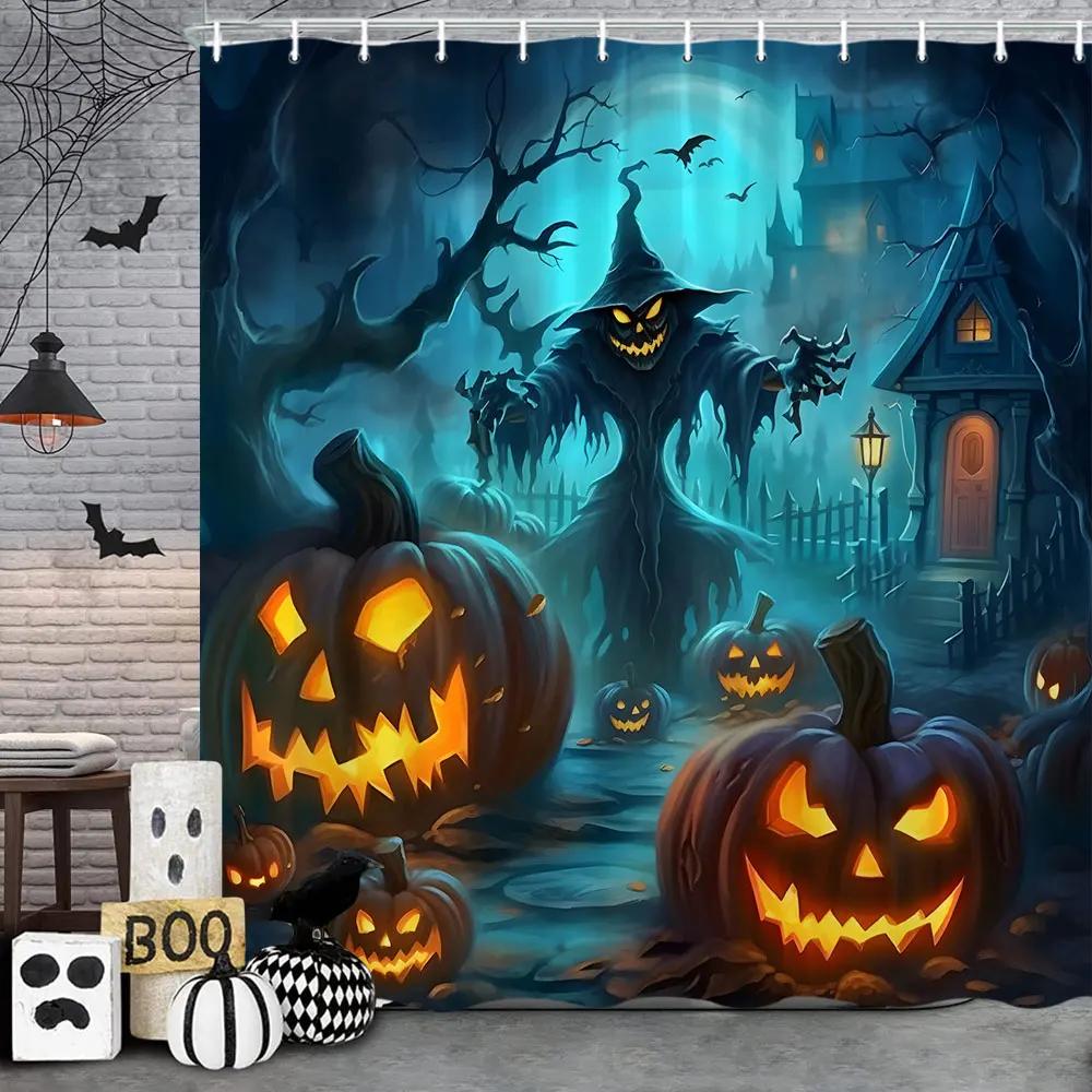 Bathroom Halloween Gnome Truck Shower Curtain Pumpkin Trick-or-Treaters Spooky Witch Spooky Skull Fabric Shower Curtain Festive