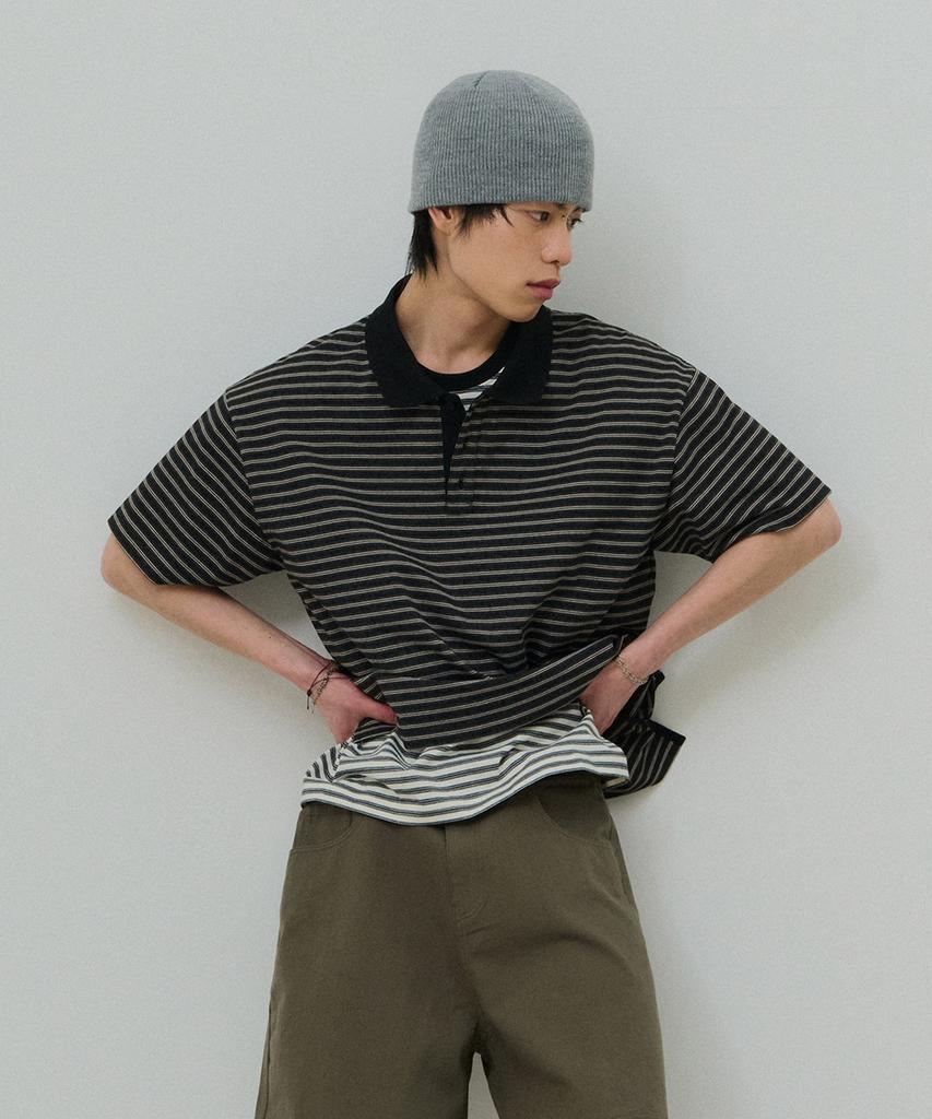 Desiledeu Striped Collared Short Sleeve T-Shirt-Fbsk5701D03
