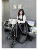 Yamamoto Women's Dark PU Leather Suspender Dress - Shiny, Loose-Fit, Spring/Autumn Fashion.