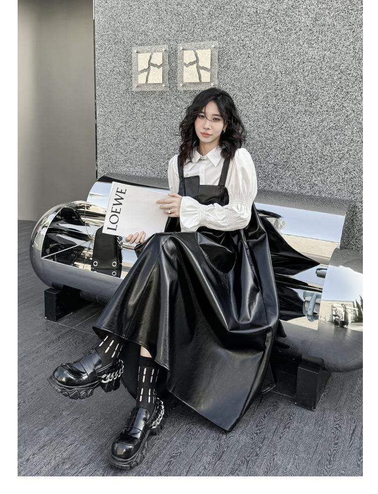 Yamamoto Women's Dark PU Leather Suspender Dress - Shiny, Loose-Fit, Spring/Autumn Fashion.