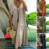 Women Loose V Neck Beach Dress Summer Casual Flowy Cotton Linen Maxi Swing Short Sleeve Tiered Dress
