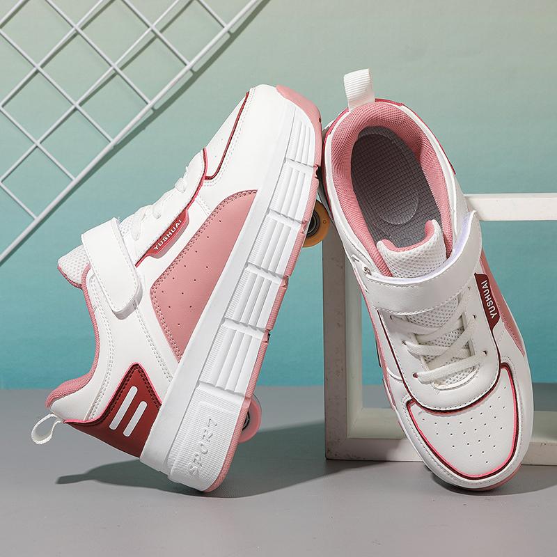 TUINANLE Small Four-wheel Walking Shoes Pink Teenager Sport Shoe Girls Kids Unisex Two Wheel Pulley Walking Shoes