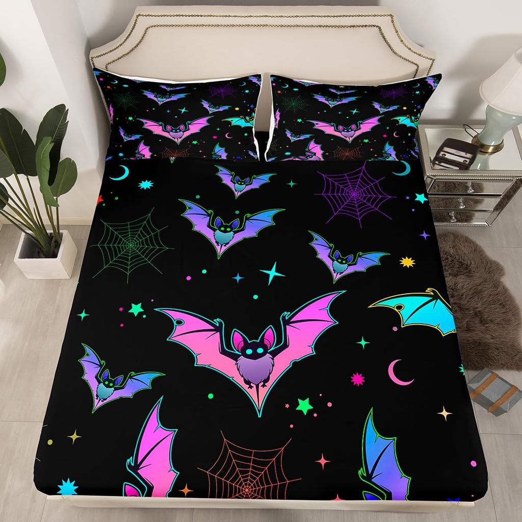 Gothic Spooky Bedding Set Pumpkin Lantern Cute Halloween Bed Sheets for Kids Boys Teens,Ghost Spiderwebs Fitted Sheet Black Cat Cobwebs Bats