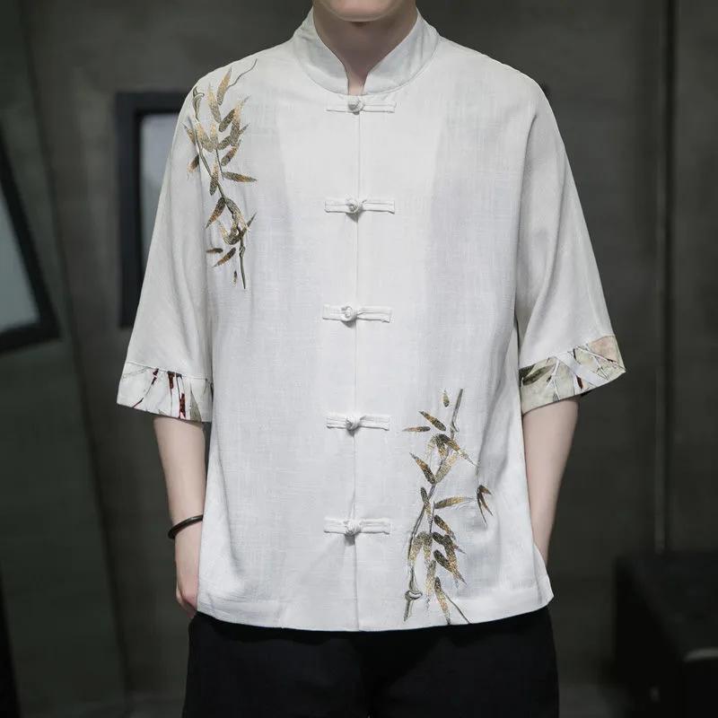 Men's Short Sleeve Shirt Chinese Style Men Mandarin Duck Button Embroidery Tops Summer Loose Plus Size Casual Shirt Men Hanfu