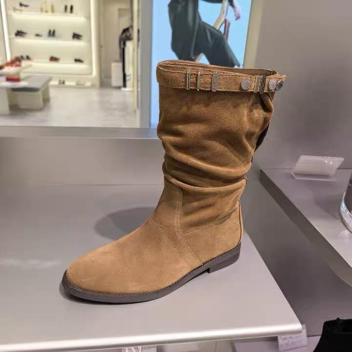 Cowhide Edition~ Wilderness Pastoral Vintage Western Boots 2025 Autumn and Winter Atmosphere Brown Versatile Flat Folded Stacking Boots