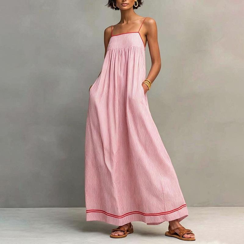 Damen Gestreiftes Spaghettiträger Maxikleid Kontrast Roter Besatz Locker Schwingendes Langes Kleid Mit Taschen Sommer Strandurlaub Lässig Son XL rosa