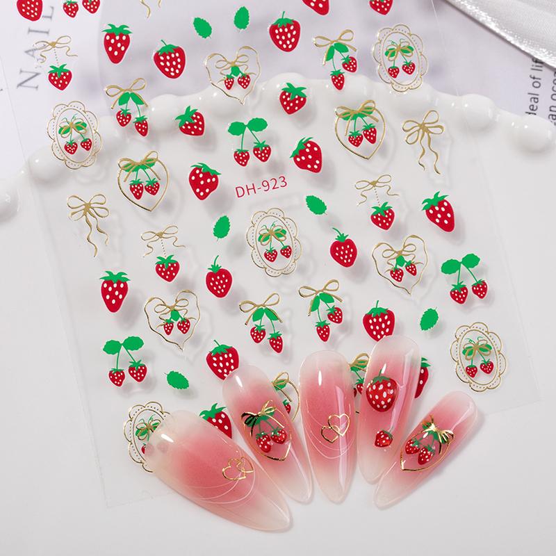 Fresh Sweet Fruits Strawberry Cherry Bowknot Love Heart Bow 5D Nail Art Stickers Self Adhesive Decorations Nail Manicure Decal