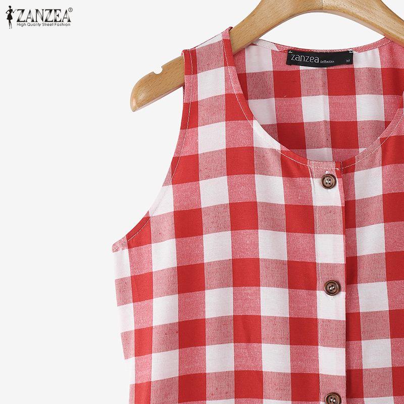 ZANZEA Women Grid Print Loose Casual Sleeveless Dress