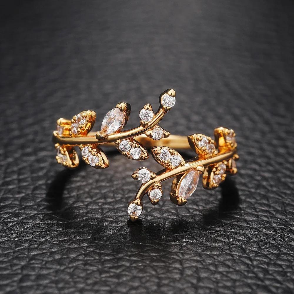 Korean Leaf Design Opening Rings For Women Sparkling Cubic Zirconia CZ Adjustable Ring Party Daily Wear  Jewelry Gift