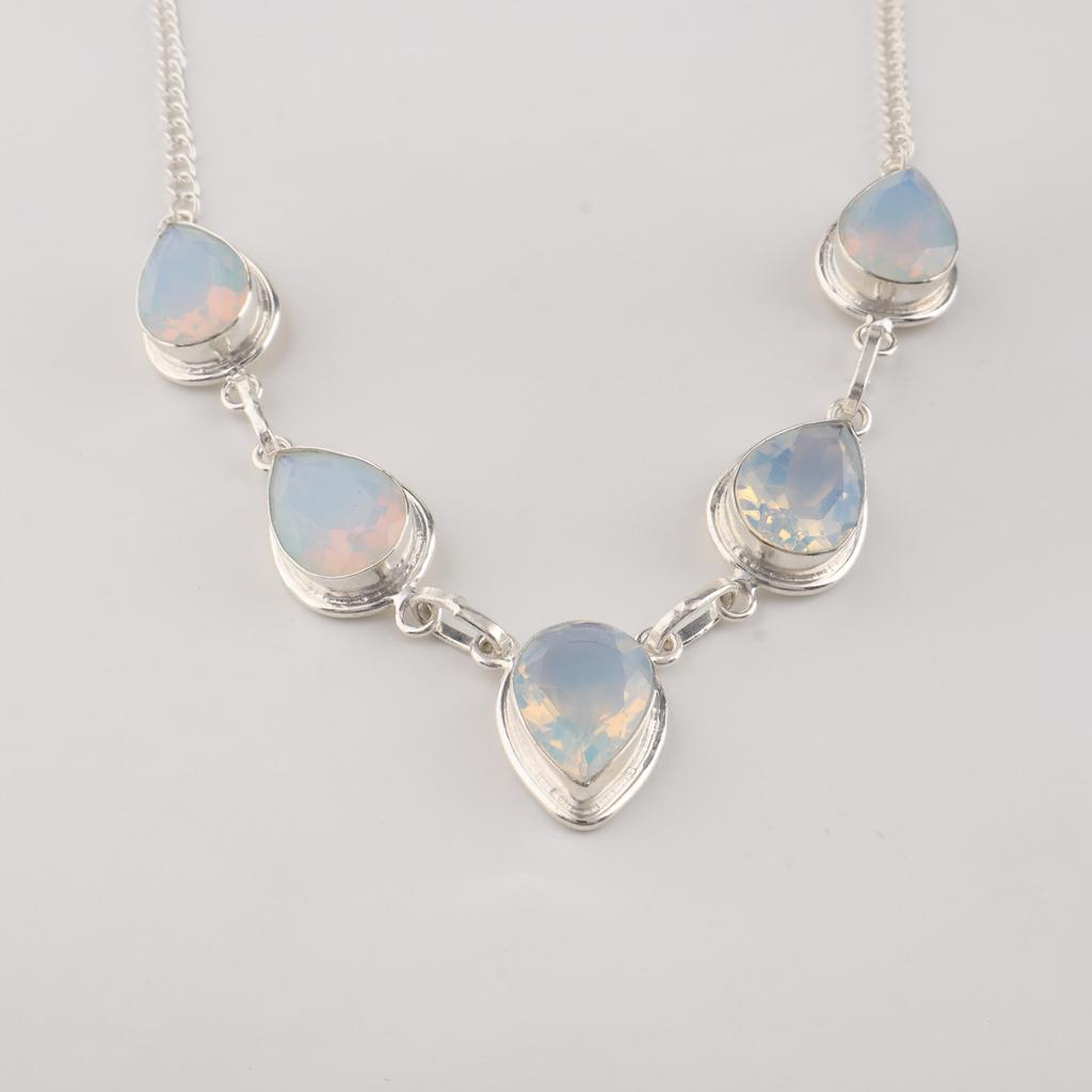 Milky Opal Gemstone Silver Necklace, 925 Sterling Silver White Opal Necklace For Women, Wedding Necklace RN-1-19