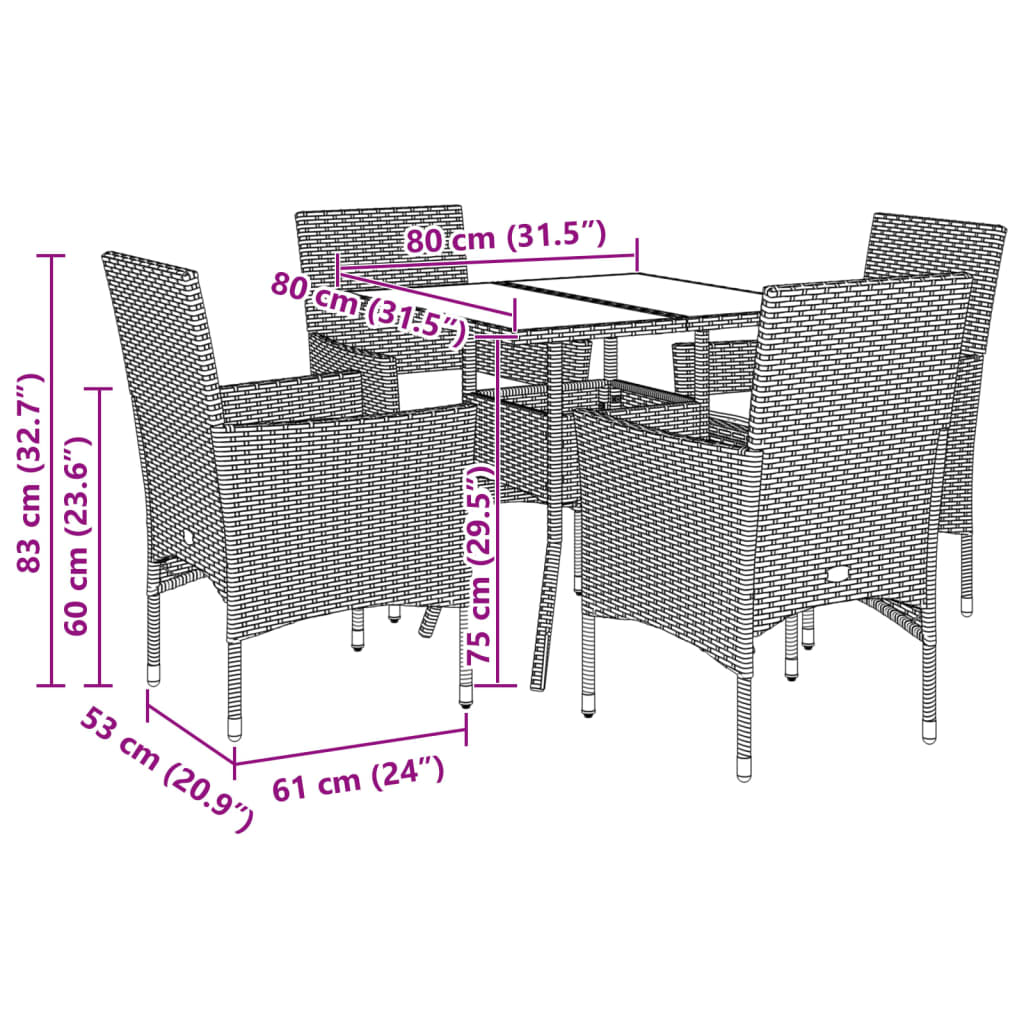 5 Piece Outdoor Dining Set with Cushions Grey Poly Rattan and Glass