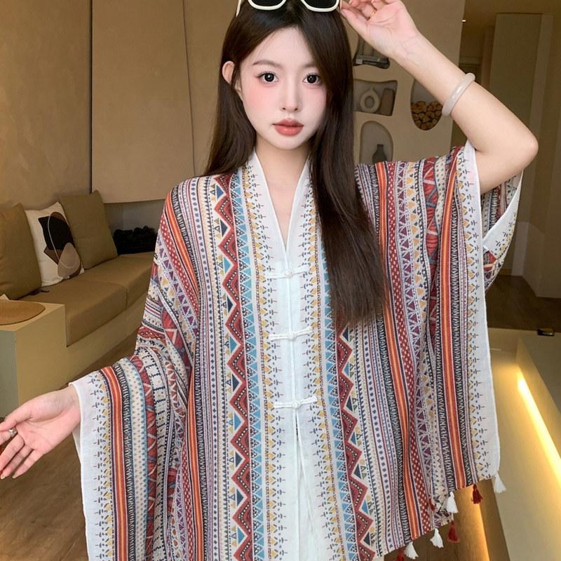 Small fresh white floral silk scarf women's summer travel buckle sunscreen large shawl beach towel thin yarn scarf scarf