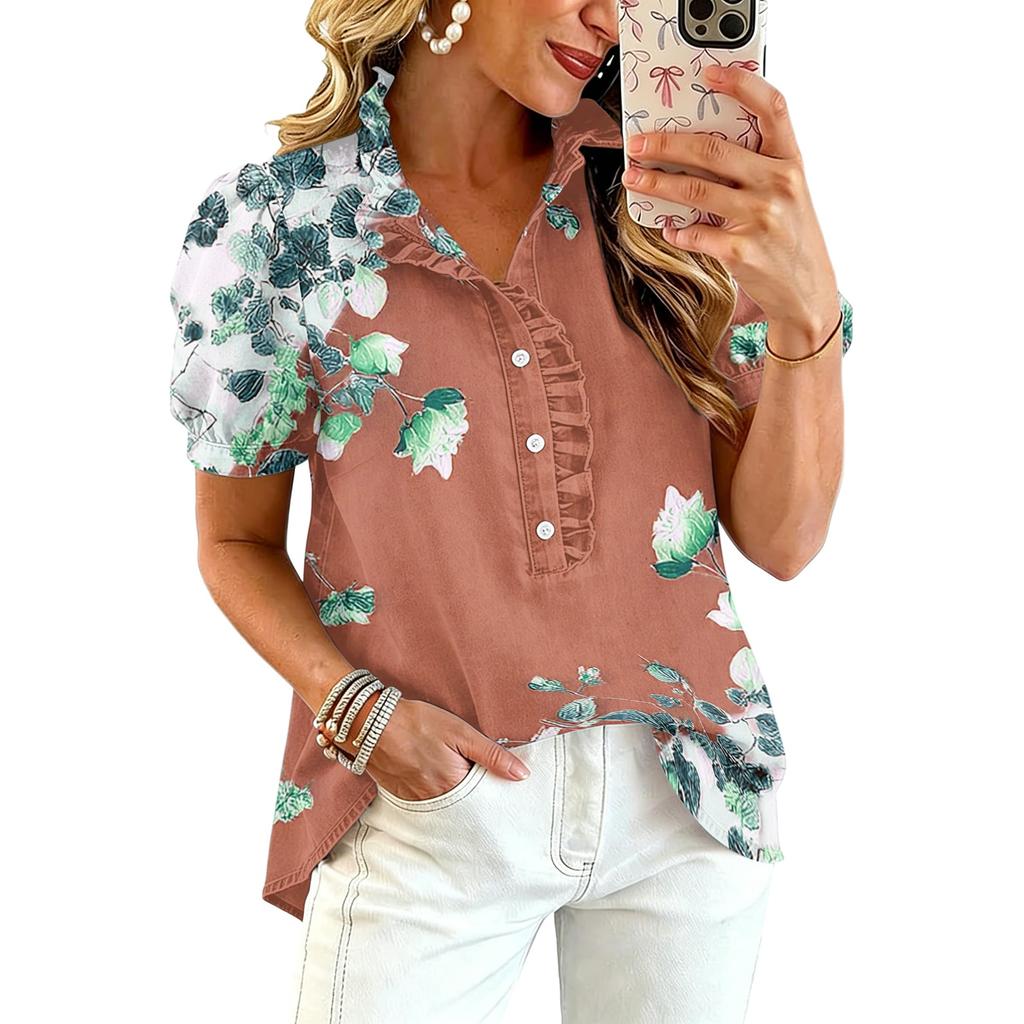 Women Ruffle V Neck Floral Print Short Sleeve Blouse Casual Loose Fit Button Down Top for Daily Office Wear