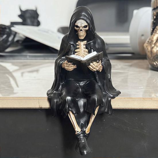 Yousheng Halloween Reading Book Skeleton Figurine, Spooky Reading Devil Resin Sculpture, Gothic Black Robe Grim Reaper Statue for Home