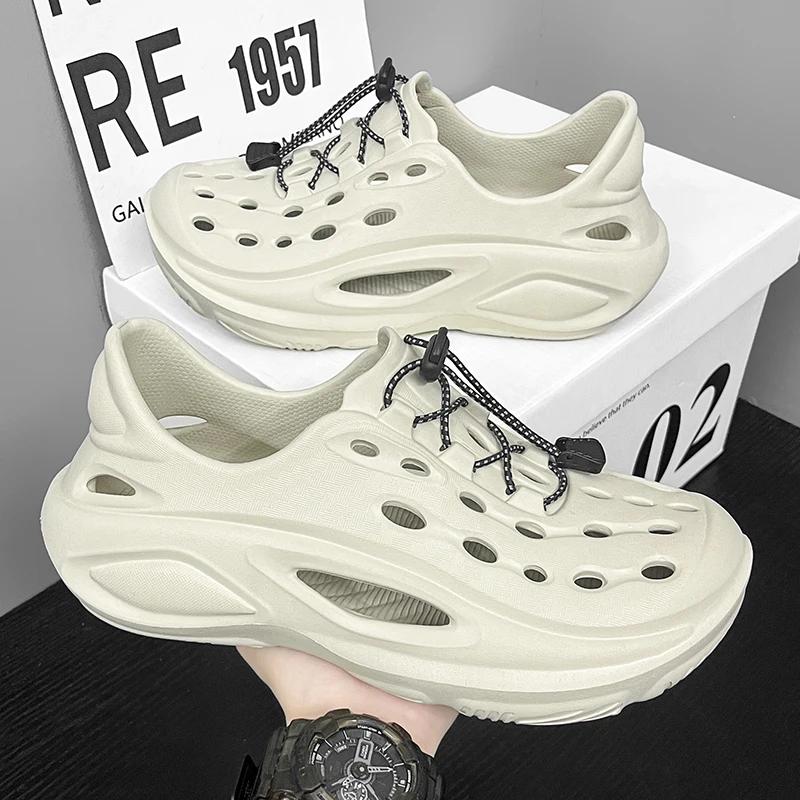 

Men s Sandals 2025 Summer New Personalized Fashion Sports Leisure Perforated Shoes High Quality EVA Anti Slip Beach Shoes Male 40 бежевый
