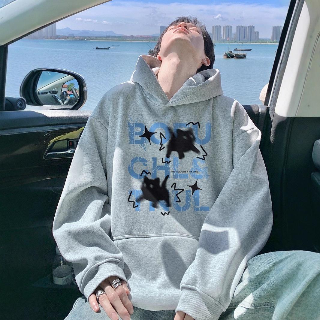 

Printed Velvet Hooded Sweater Male s Loose Daily Wear Boys Tops in Autumn and Winter High Quality Durable Construction Practical Daily Use M