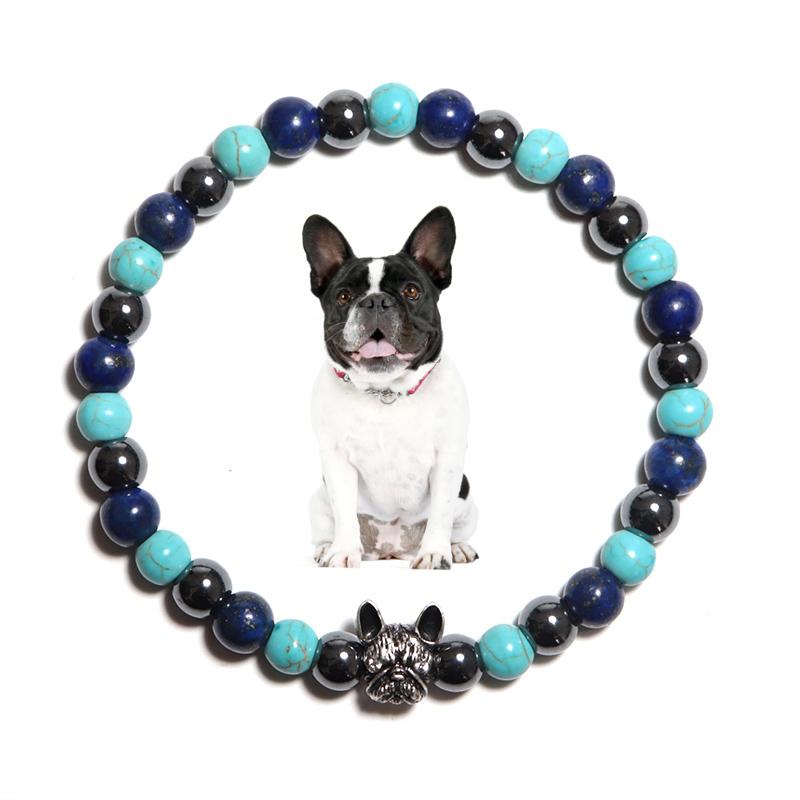 Unique French Bulldog Bracelet Men Natural Tiger Eyes Hematite Turquoises Stone Elastic Bangles Charm Meditation Erkek Bileklik
