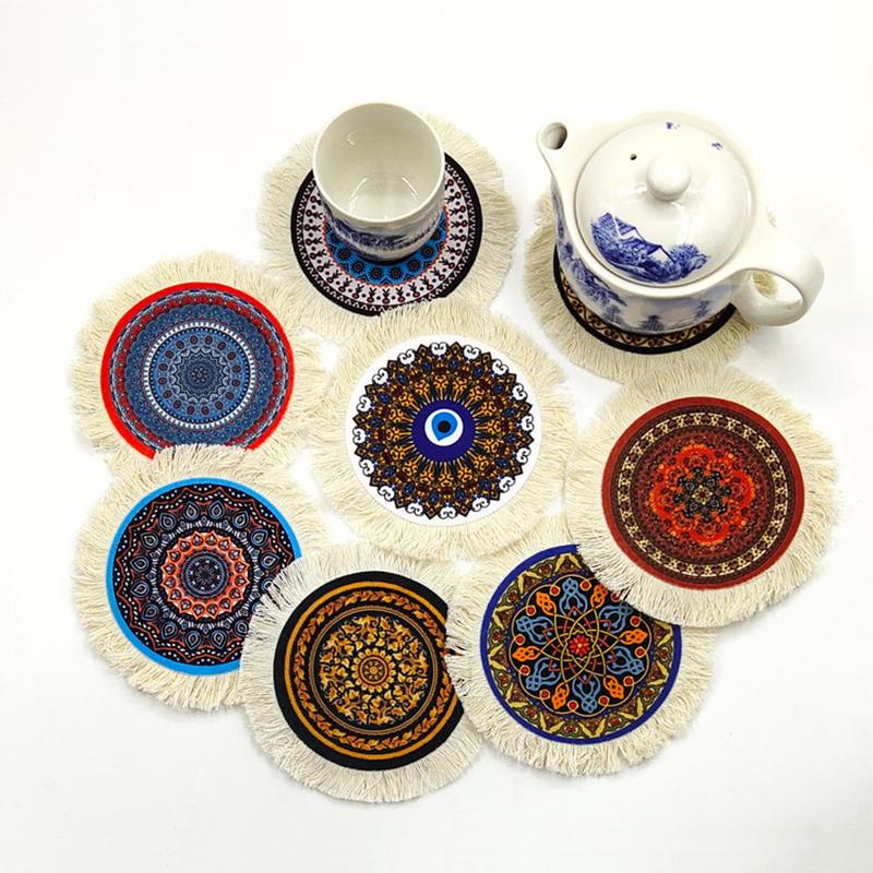 1PC Coaster Durable Mat Artisanal Multi-Use Non-Slip Round Heat-Resistant Coffee Washable Ethnic Style Bohemian 10cm