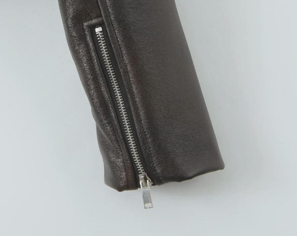 European & American Style Women's Slim Leather Motorcycle Jacket with Lapel Zipper