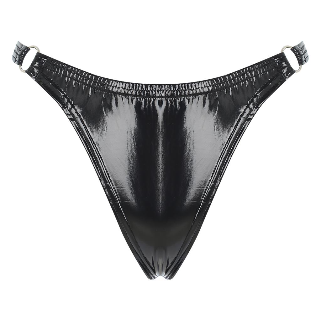 Womens Patent Leather Thong Underwear Elastic Waist O Ring Design Solid Color Glossy Briefs Nightclub Panties