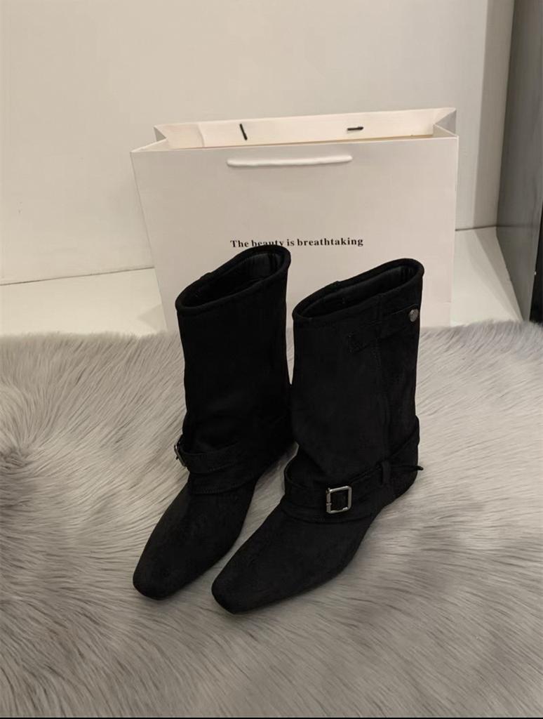 Vintage suede khaki short boots women's boots French boots autumn and winter niche design western pile boots knight boots