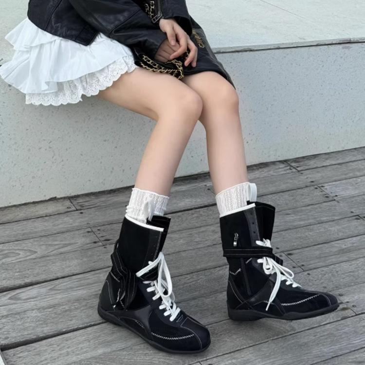 Vintage Leather Martin Boots Women's Western Boots Color Matching Inner Height Increase Strap Short Boots Tooling Boots