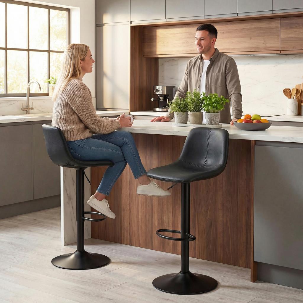 Bar Stools, Set of 2, Height-Adjustable, Backrest, Footrest, 360 Swivel, Steel, Black