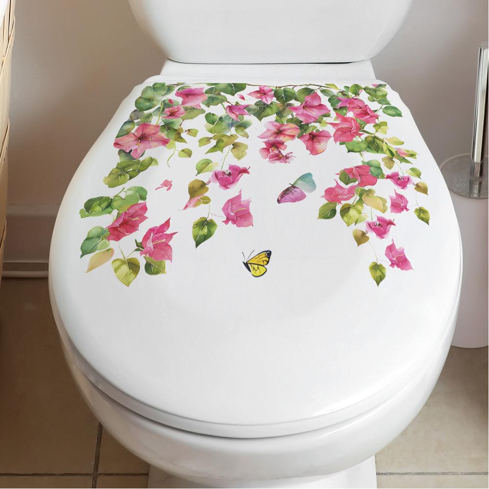 Self-adhesive Toilet Sticker Flower Painting Floral Wall Decals Bathroom Decor Removable Home DIY Sticker Decorative Wall Decals