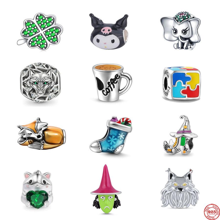 925 Sterling Silver Green Clover Frog Coffee Sock Fit Original Diy Bead Charm Bracelet Necklace Trinket Women Jewelry Marking