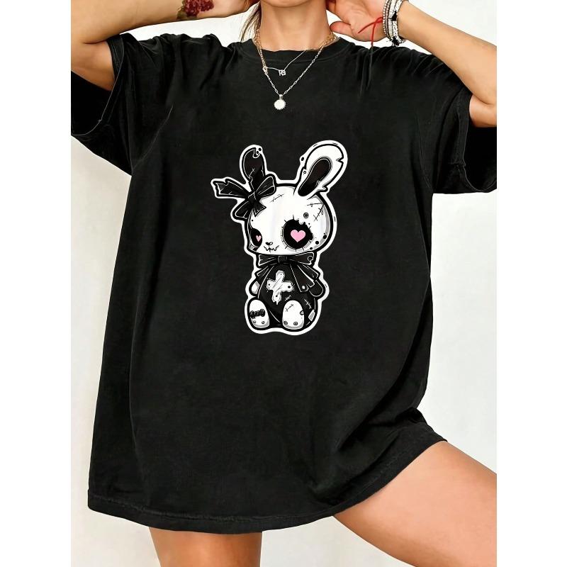 

Black Oversized T Shirt With Cute Bunny Skull Print For Casual Wear S