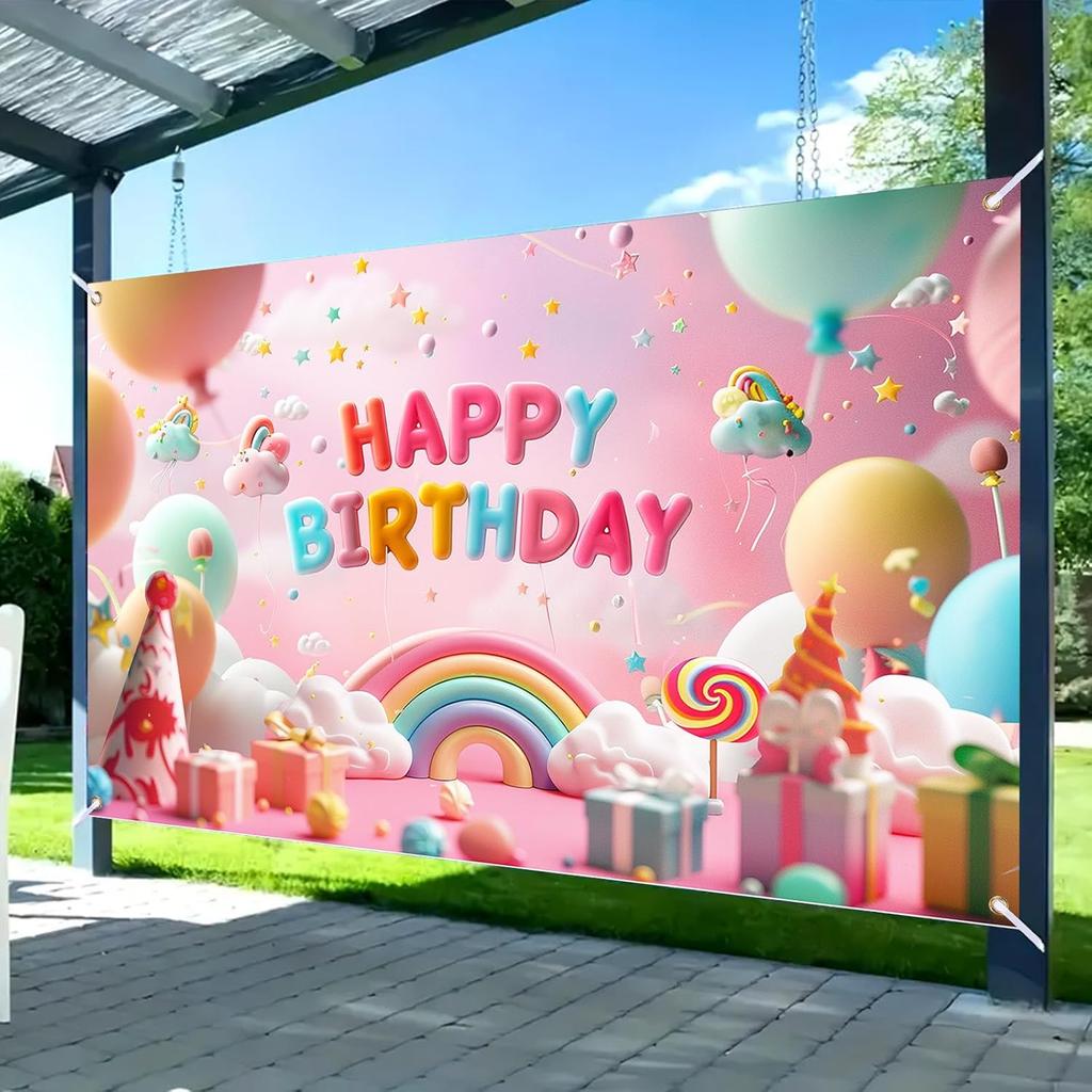 Nuxovilar Happy Birthday Banner - Large 71x43 Inch Pastel Rainbow Clouds Party Backdrop for Kids, Yard Sign, Birthday Decorations