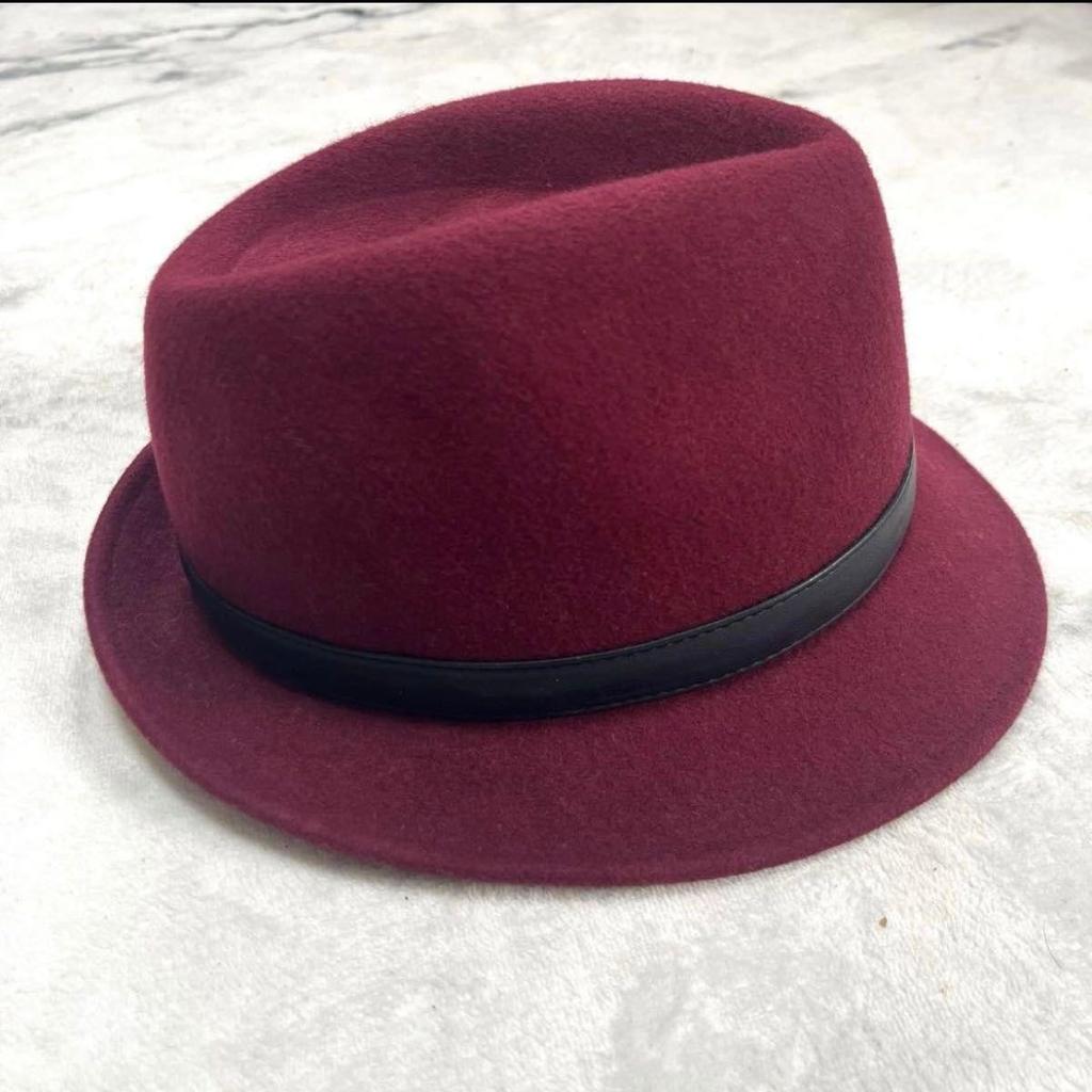 Used STETSON maxim Burgundy Wool Hat Black Ribbon Feather Decoration Hat Folded Hat Wine Red 57.5cm