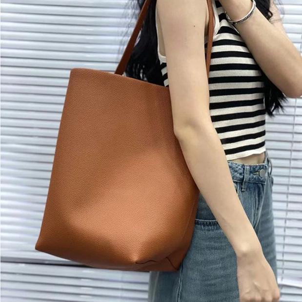 Genuine Leather Women's Bucket Tote - Large Capacity Soft Leather Handbag for Daily Commute